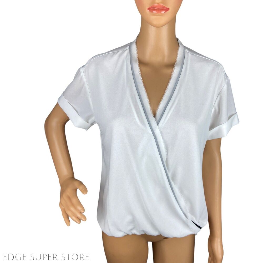Cooper & Ella Ivory White Gray Wrap Short Sleeve V Neck Cuffed Blouse Top Small